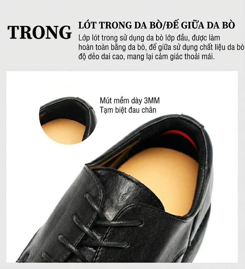 Giày Tây Buộc Dây Nam Da Thật Thủ Công Goodyear Chiều Cao Đế Khoảng 3cm Màu Đen chi tiết 11