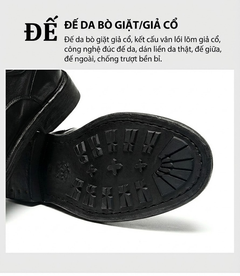 Giày Tây Buộc Dây Nam Da Thật Thủ Công Goodyear Chiều Cao Đế Khoảng 3cm Màu Đen chi tiết 12