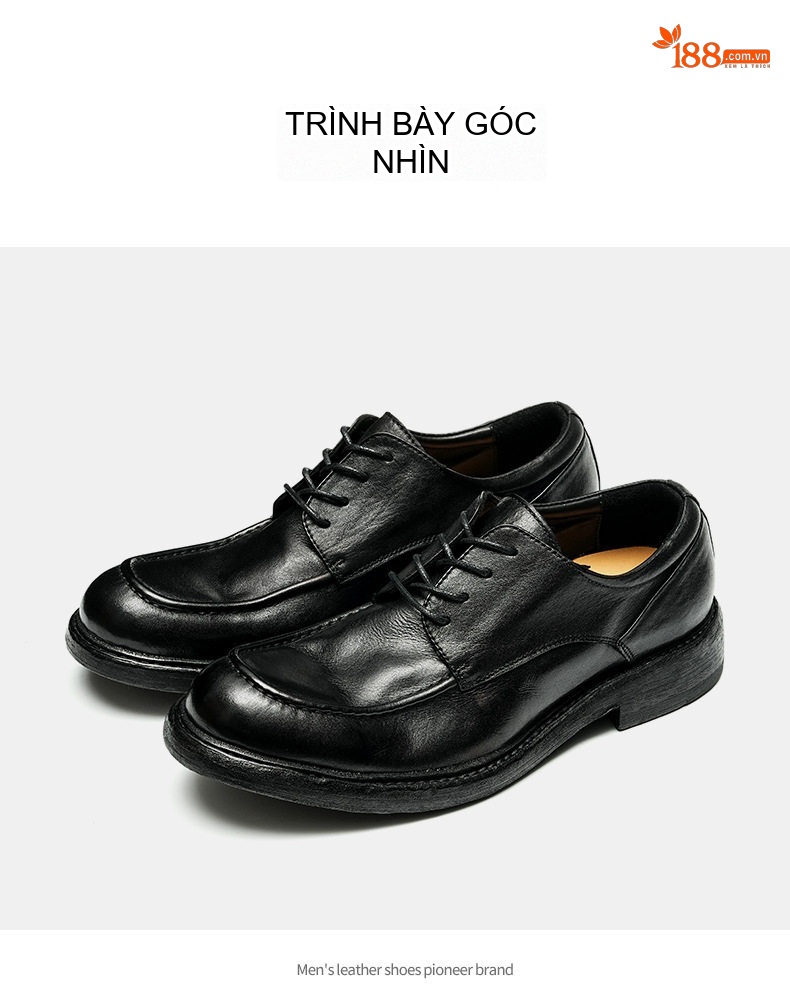 Giày Tây Buộc Dây Nam Da Thật Thủ Công Goodyear Chiều Cao Đế Khoảng 3cm Màu Đen chi tiết 14