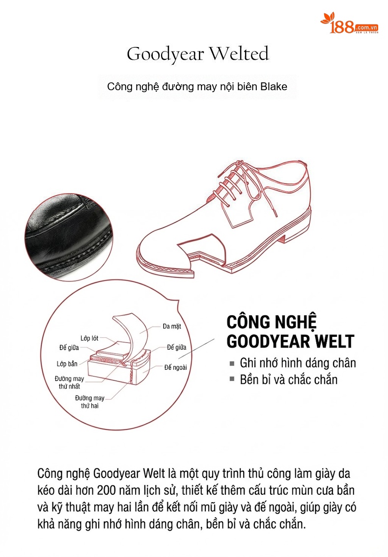 Giày Tây Buộc Dây Nam Da Thật Thủ Công Goodyear Chiều Cao Đế Khoảng 3cm Màu Đen chi tiết 4