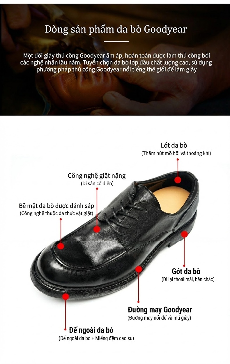 Giày Tây Buộc Dây Nam Da Thật Thủ Công Goodyear Chiều Cao Đế Khoảng 3cm Màu Đen chi tiết 9