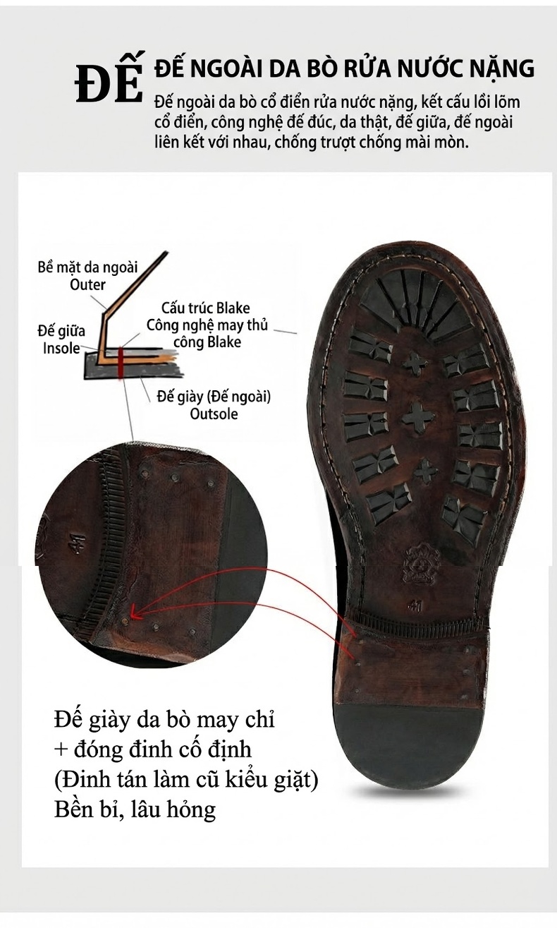 Giày Tây Buộc Dây Nam Da Thật Thủ Công Goodyear Chiều Cao Đế Khoảng 3cm Màu Đen chi tiết 13