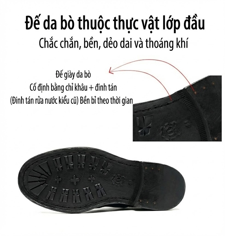 Giày Tây Buộc Dây Nam Da Thật Thủ Công Goodyear Chiều Cao Đế Khoảng 3cm Màu Đen chi tiết 5