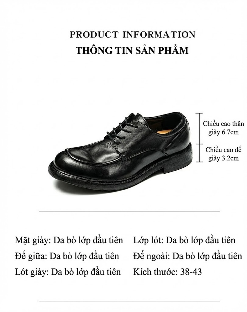 Giày Tây Buộc Dây Nam Da Thật Thủ Công Goodyear Chiều Cao Đế Khoảng 3cm Màu Đen chi tiết 7