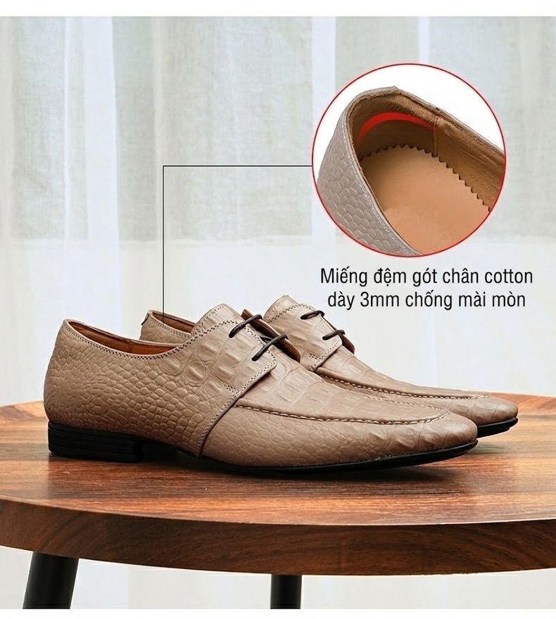 Giày Tây Buộc Dây Nam Da Thật Vân Cá Sấu Chiều Cao Đế Khoảng 3cm Màu Be chi tiết 4