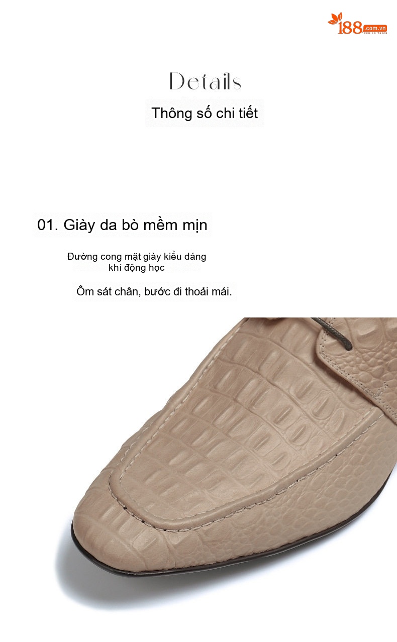 Giày Tây Buộc Dây Nam Da Thật Vân Cá Sấu Chiều Cao Đế Khoảng 3cm Màu Be chi tiết 6