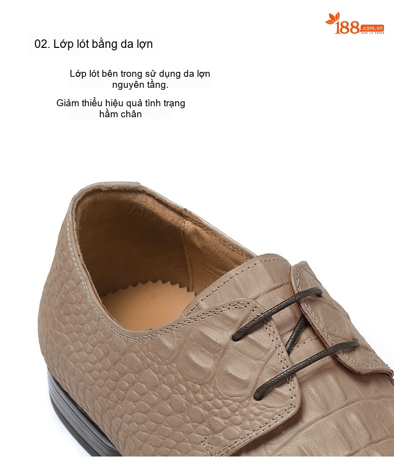 Giày Tây Buộc Dây Nam Da Thật Vân Cá Sấu Chiều Cao Đế Khoảng 3cm Màu Be chi tiết 7