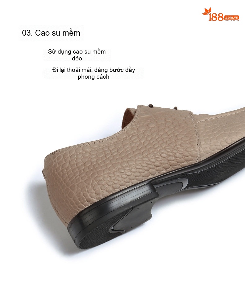 Giày Tây Buộc Dây Nam Da Thật Vân Cá Sấu Chiều Cao Đế Khoảng 3cm Màu Be chi tiết 8