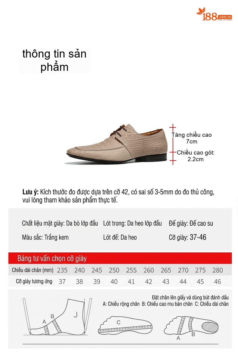 Giày Tây Buộc Dây Nam Da Thật Vân Cá Sấu Chiều Cao Đế Khoảng 3cm Màu Be chi tiết 5