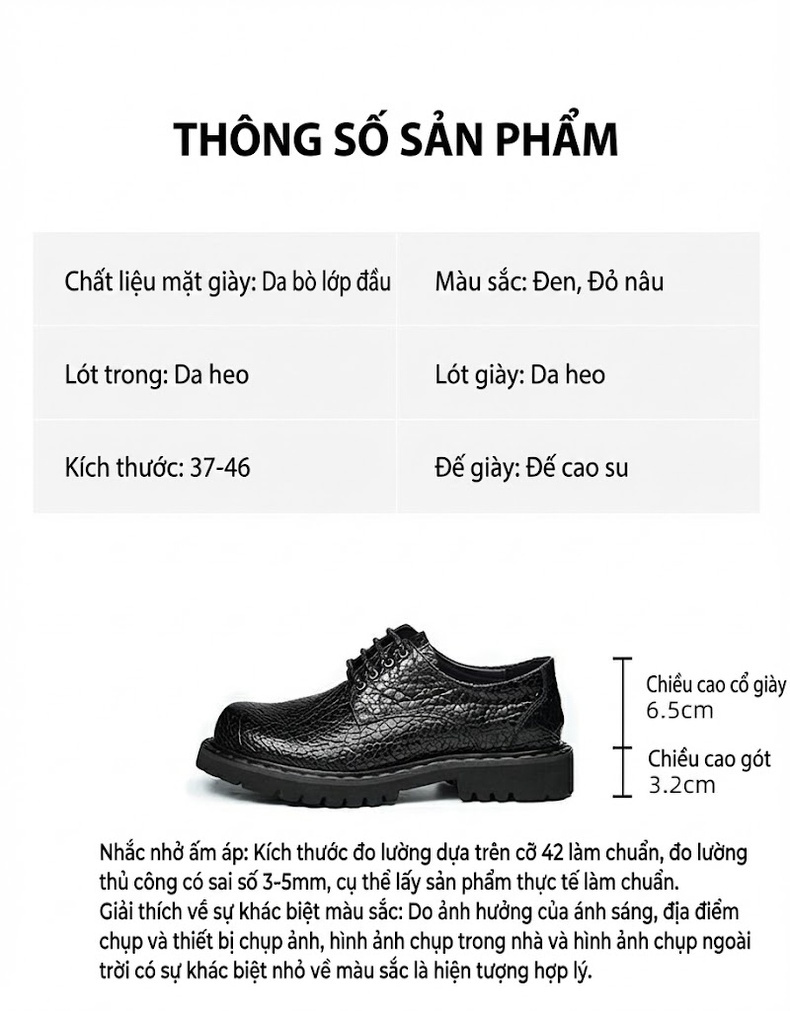 Giày Tây Buộc Dây Nam Da Thật Vân Cá Sấu Chiều Cao Đế Khoảng 3cm Màu Đen, Nâu chi tiết 2