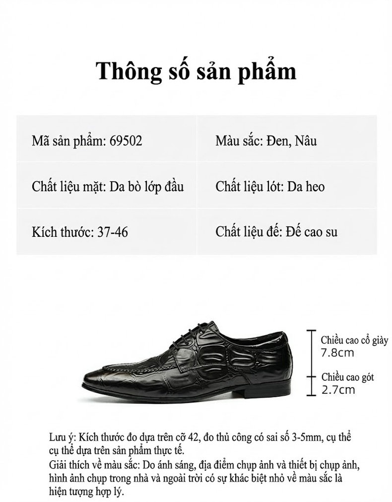 Giày Tây Buộc Dây Nam Da Thật Vân Cá Sấu Chiều Cao Đế Khoảng 3cm Màu Đen, Nâu chi tiết 2