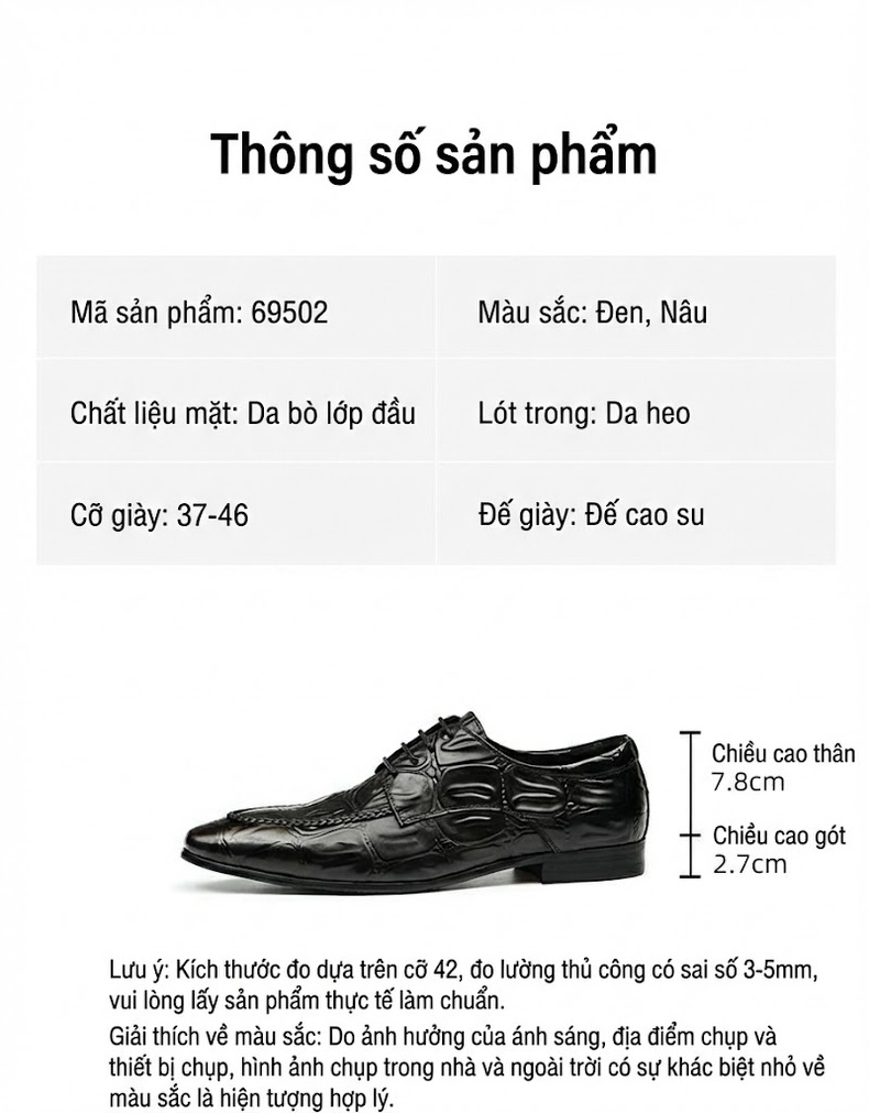 Giày Tây Buộc Dây Nam Da Thật Vân Cá Sấu Chiều Cao Đế Khoảng 3cm Màu Nâu, Đen chi tiết 2