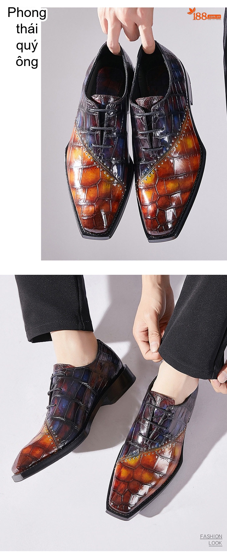 Giày Tây Buộc Dây Nam Da Thật Vân Cá Sấu Chiều Cao Đế Khoảng 3cm Màu Nâu, Đen chi tiết 10