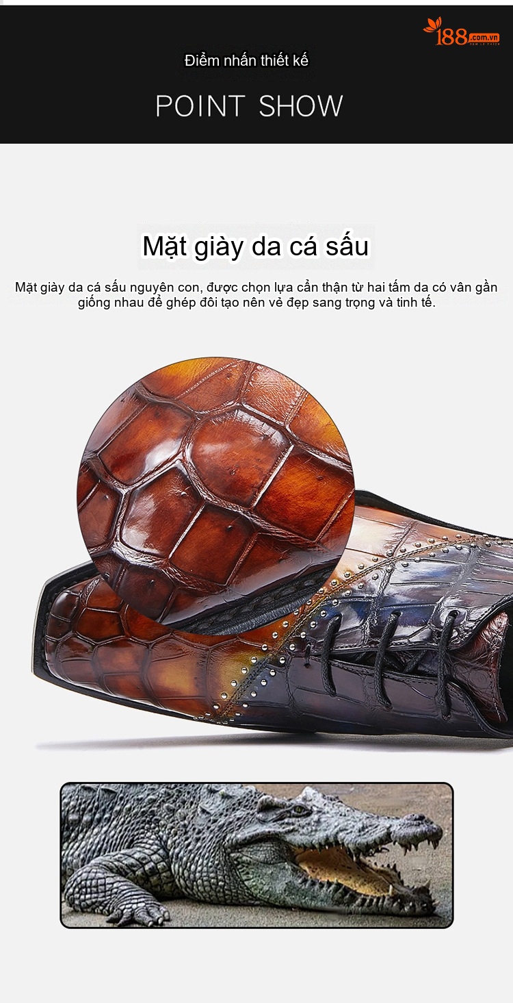 Giày Tây Buộc Dây Nam Da Thật Vân Cá Sấu Chiều Cao Đế Khoảng 3cm Màu Nâu, Đen chi tiết 6