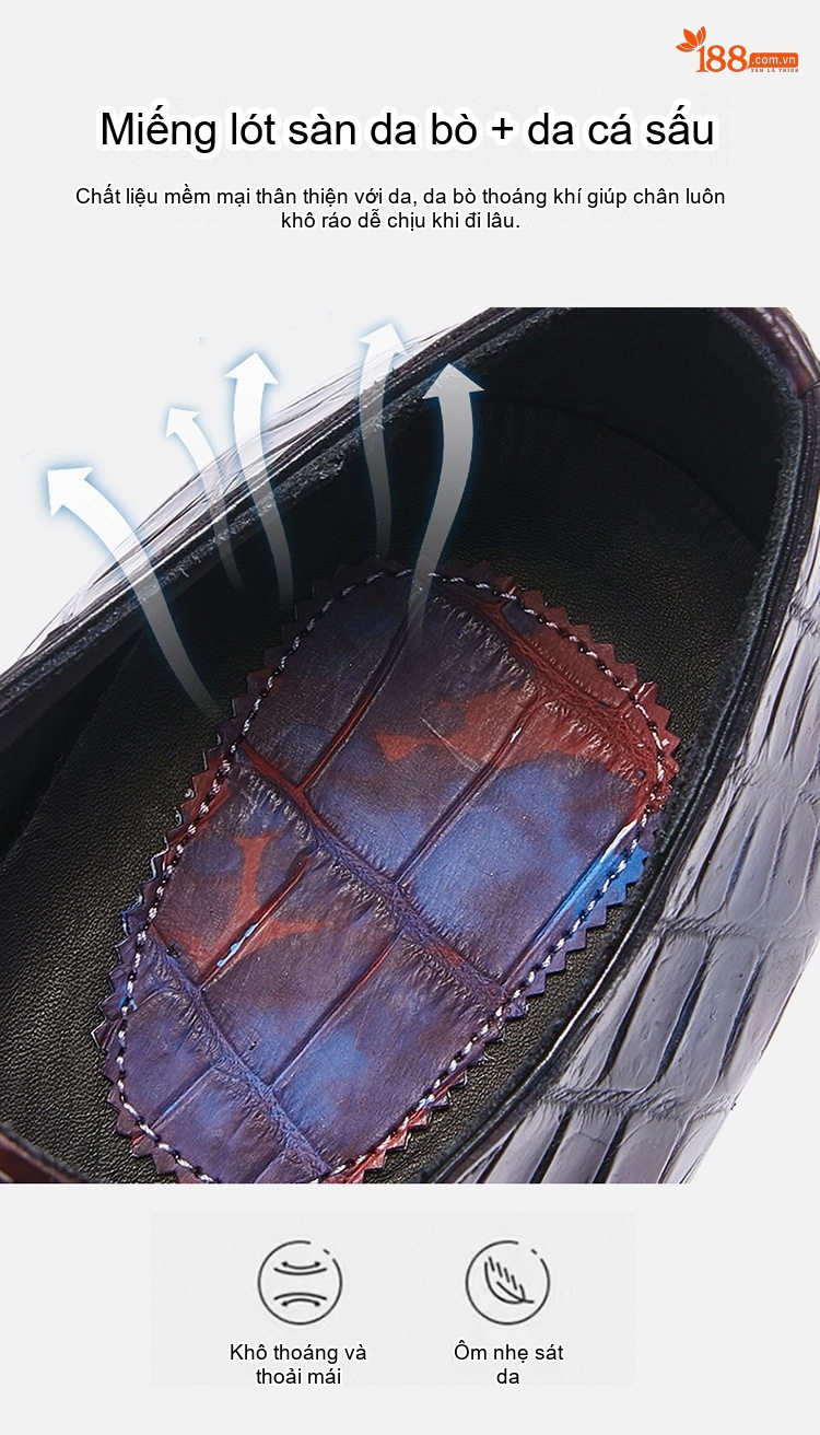 Giày Tây Buộc Dây Nam Da Thật Vân Cá Sấu Chiều Cao Đế Khoảng 3cm Màu Nâu, Đen chi tiết 7