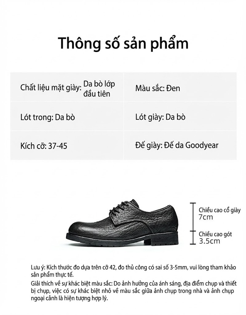 Giày Tây Buộc Dây Nam Da Thật Vân Cá Sấu Chiều Cao Đế Khoảng 4cm Màu Nâu, Đen chi tiết 3