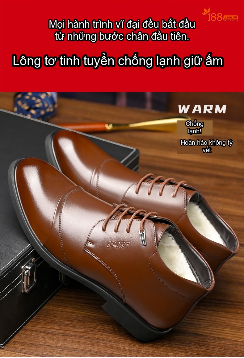 Giày Tây Cao Cổ Nam Da Bóng Lót Lông Chiều Cao Đế Khoảng 3cm Màu Đen, Nâu chi tiết 10
