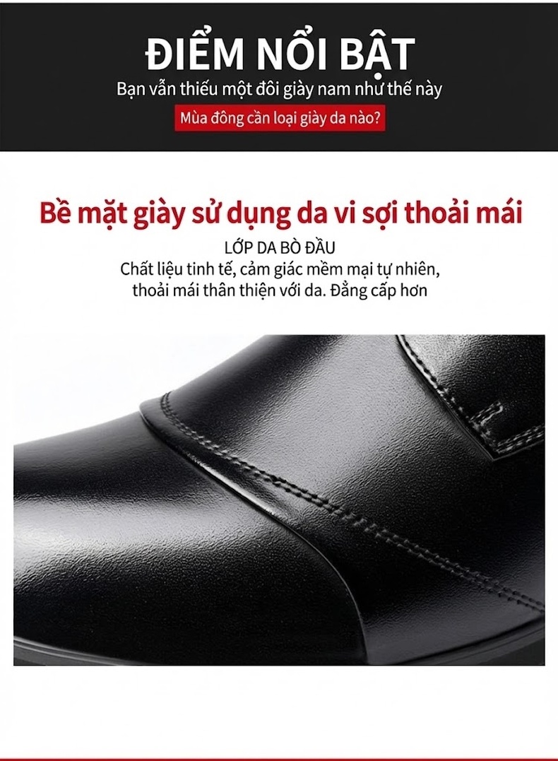 Giày Tây Cao Cổ Nam Da Bóng Lót Lông Chiều Cao Đế Khoảng 3cm Màu Đen, Nâu chi tiết 11
