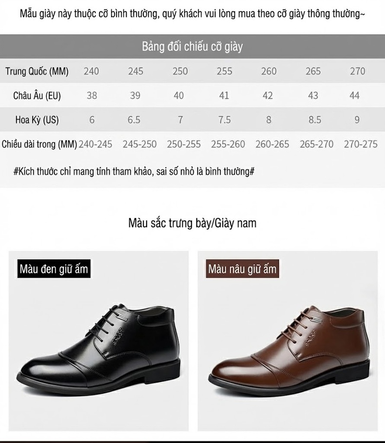Giày Tây Cao Cổ Nam Da Bóng Lót Lông Chiều Cao Đế Khoảng 3cm Màu Đen, Nâu chi tiết 7
