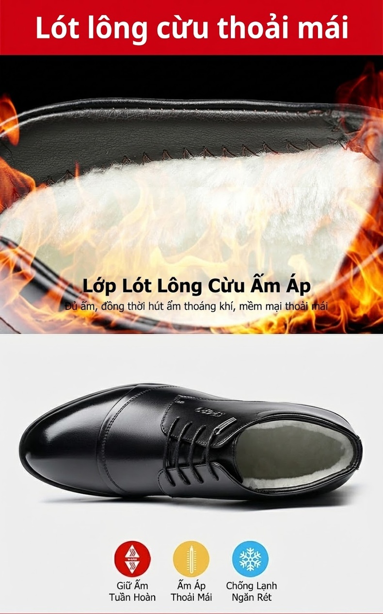 Giày Tây Cao Cổ Nam Da Bóng Lót Lông Chiều Cao Đế Khoảng 3cm Màu Đen, Nâu chi tiết 12