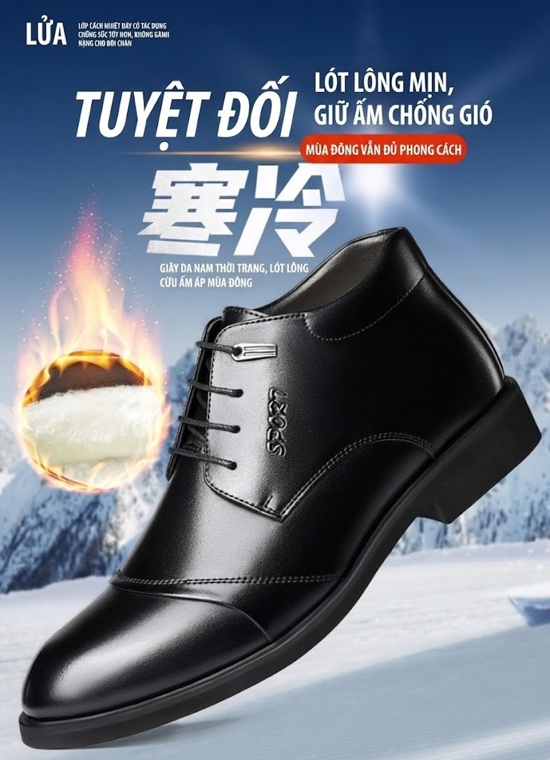 Giày Tây Cao Cổ Nam Da Bóng Lót Lông Chiều Cao Đế Khoảng 3cm Màu Đen, Nâu chi tiết 2
