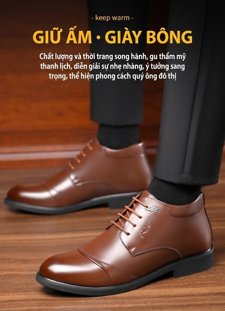 Giày Tây Cao Cổ Nam Da Bóng Lót Lông Chiều Cao Đế Khoảng 3cm Màu Đen, Nâu chi tiết 8
