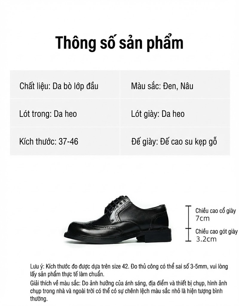 Giày Tây Da Thật Nam Kiểu Anh Brogue Derby Chiều Cao Đế Khoảng 3cm Màu Đen, Nâu chi tiết 2