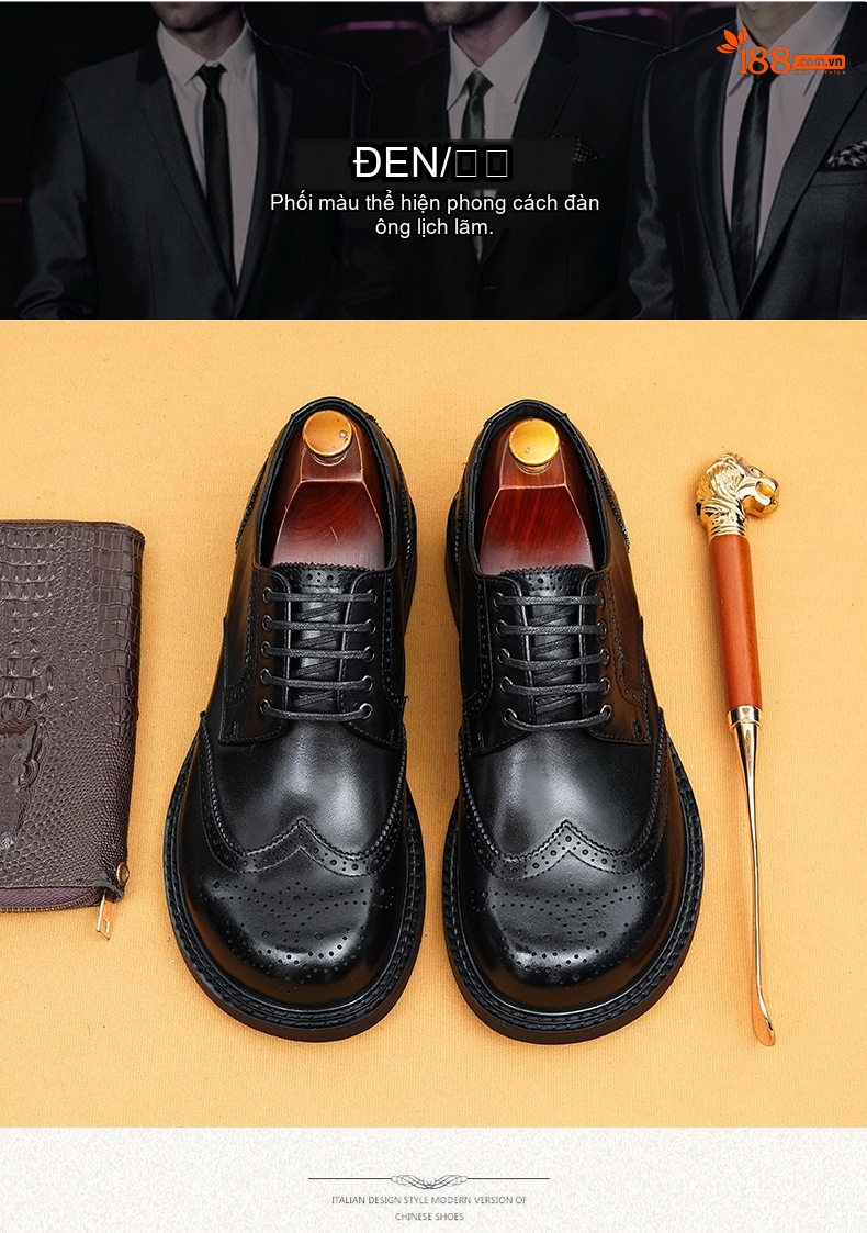 Giày Tây Da Thật Nam Kiểu Anh Brogue Derby Chiều Cao Đế Khoảng 3cm Màu Đen, Nâu chi tiết 4