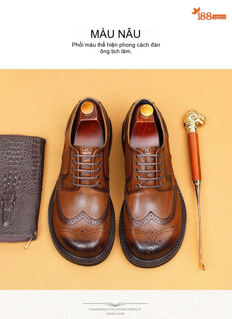 Giày Tây Da Thật Nam Kiểu Anh Brogue Derby Chiều Cao Đế Khoảng 3cm Màu Đen, Nâu chi tiết 12