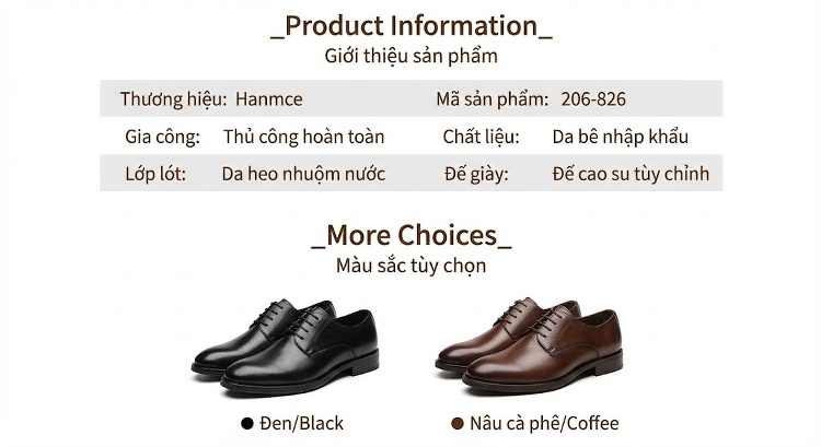 Giày Tây Derbies Brogues Nam Da Bò Chiều Cao Đế Khoảng 3cm Màu Đen, Nâu chi tiết 2