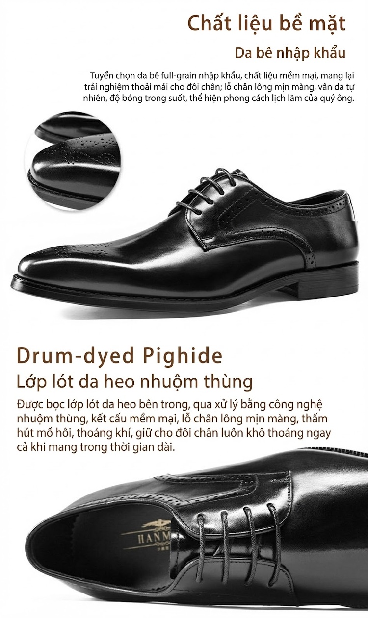 Giày Tây Derbies Brogues Nam Da Bò Chiều Cao Đế Khoảng 3cm Màu Đen, Nâu chi tiết 1