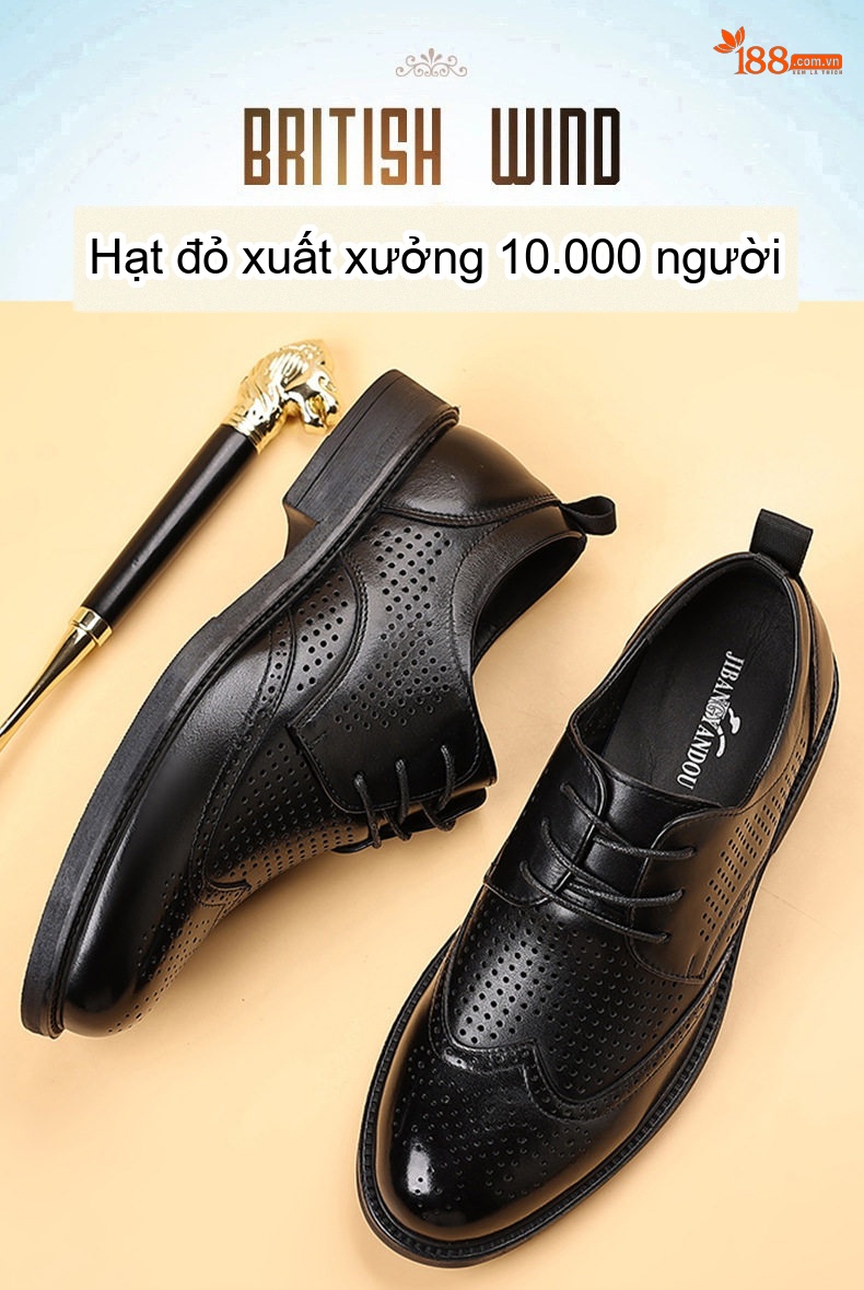 Giày Tây Đục Lỗ Nam Da Bò Chiều Cao Đế Khoảng 3cm Màu Nâu Đỏ, Đen chi tiết 2