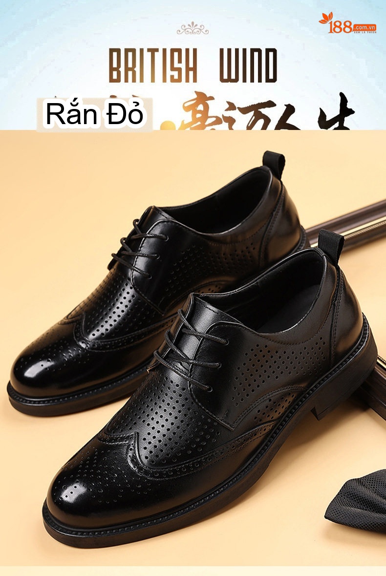 Giày Tây Đục Lỗ Nam Da Bò Chiều Cao Đế Khoảng 3cm Màu Nâu Đỏ, Đen chi tiết 3