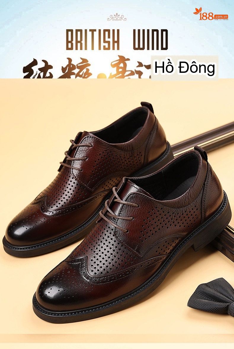Giày Tây Đục Lỗ Nam Da Bò Chiều Cao Đế Khoảng 3cm Màu Nâu Đỏ, Đen chi tiết 4