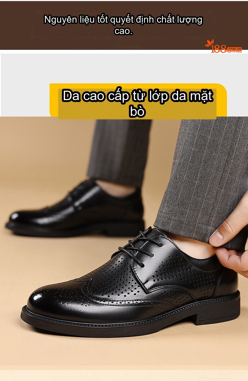 Giày Tây Đục Lỗ Nam Da Bò Chiều Cao Đế Khoảng 3cm Màu Nâu Đỏ, Đen chi tiết 7