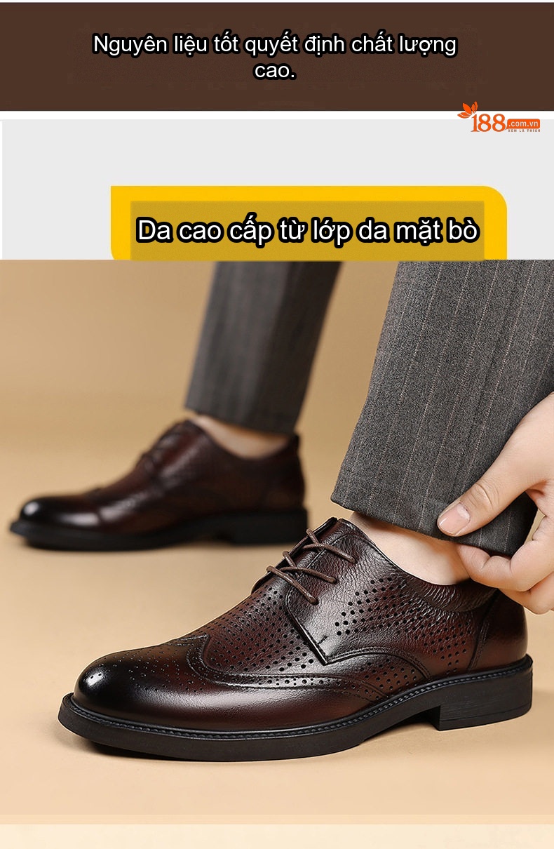 Giày Tây Đục Lỗ Nam Da Bò Chiều Cao Đế Khoảng 3cm Màu Nâu Đỏ, Đen chi tiết 8