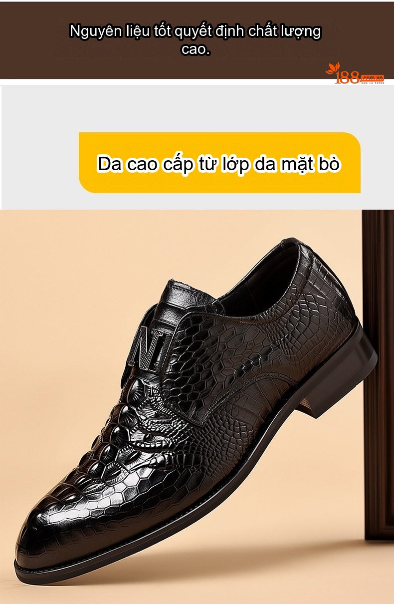 Giày Tây Không Dây Nam Da Bò Họa Tiết Cá Sấu Chiều Cao Đế Khoảng 3cm Màu Nâu, Đen chi tiết 6