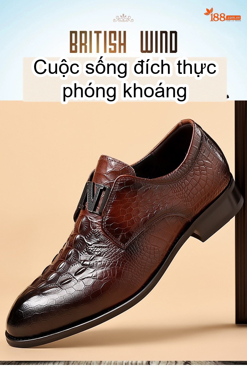 Giày Tây Không Dây Nam Da Bò Họa Tiết Cá Sấu Chiều Cao Đế Khoảng 3cm Màu Nâu, Đen chi tiết 3