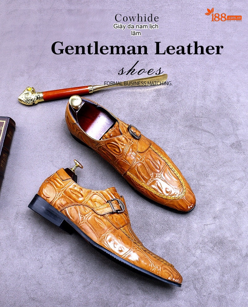 Giày Tây Monk Strap Nam Da Bóng Brogue Chiều Cao Đế Khoảng 3cm Màu Đen, Nâu chi tiết 1