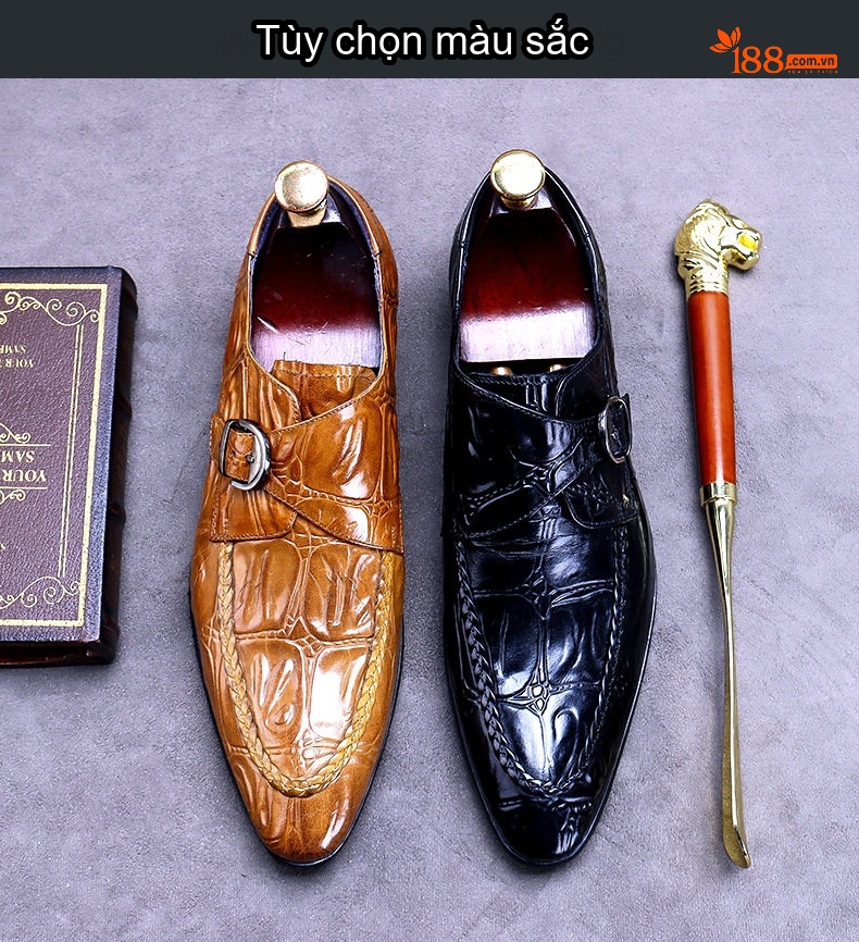 Giày Tây Monk Strap Nam Da Bóng Brogue Chiều Cao Đế Khoảng 3cm Màu Đen, Nâu chi tiết 2