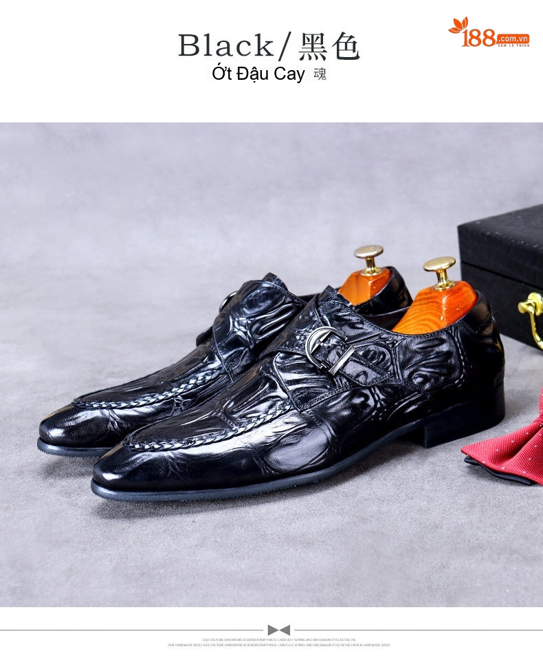 Giày Tây Monk Strap Nam Da Bóng Brogue Chiều Cao Đế Khoảng 3cm Màu Đen, Nâu chi tiết 4