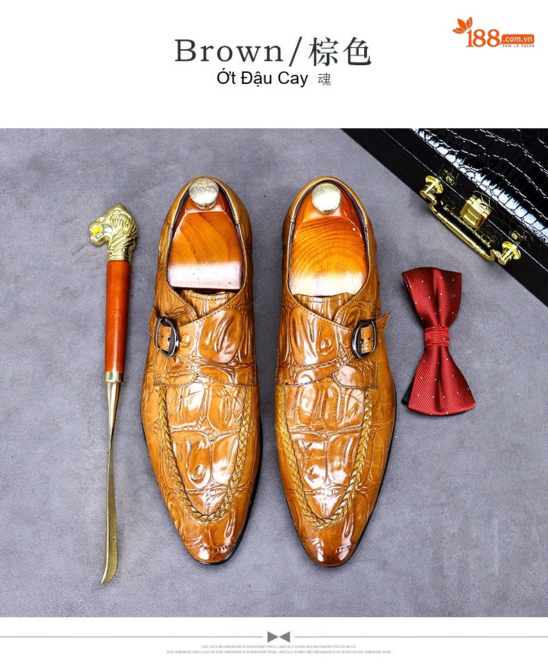 Giày Tây Monk Strap Nam Da Bóng Brogue Chiều Cao Đế Khoảng 3cm Màu Đen, Nâu chi tiết 11