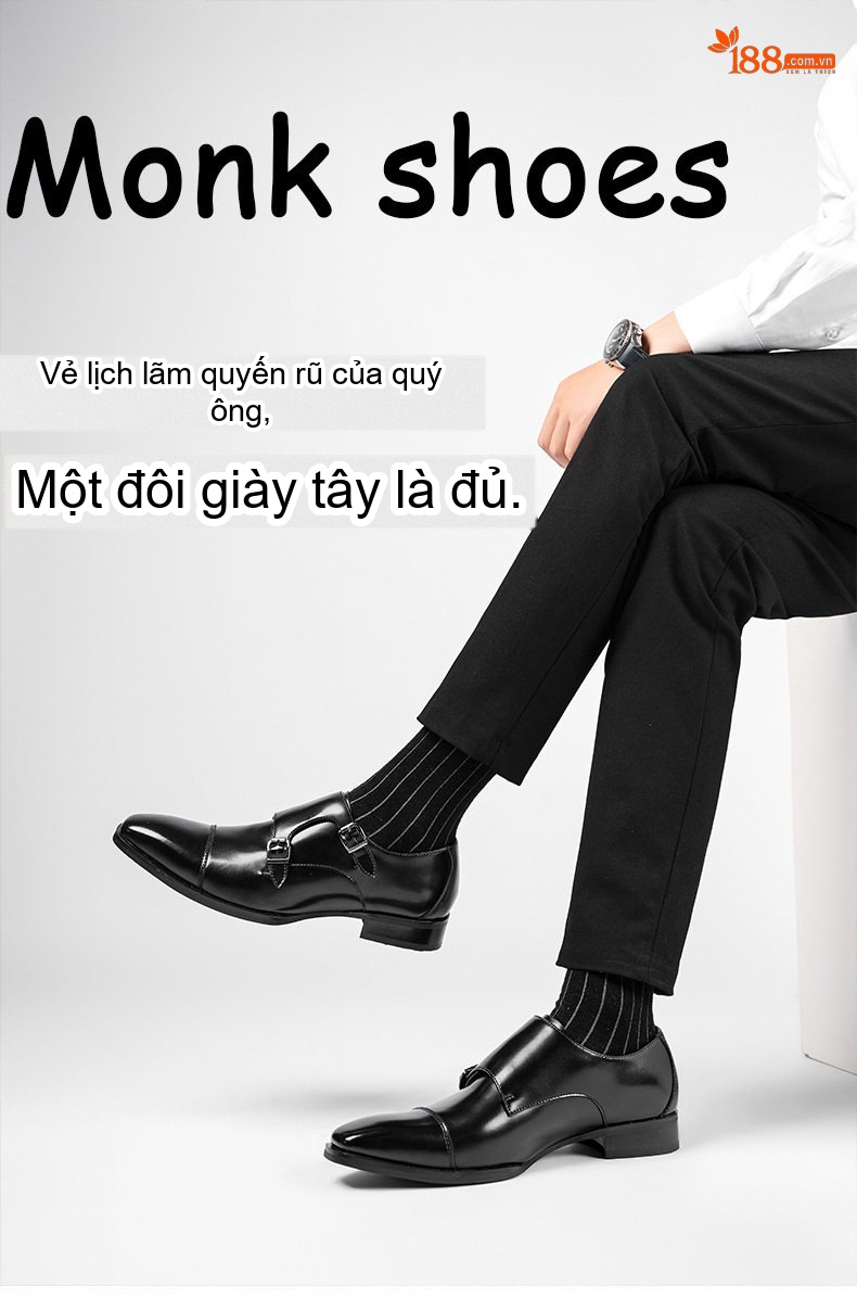 Giày Tây Monkstrap Nam Da Bóng Mũi Nhọn Chiều Cao Đế Khoảng 3cm Màu Đen, Nâu chi tiết 1