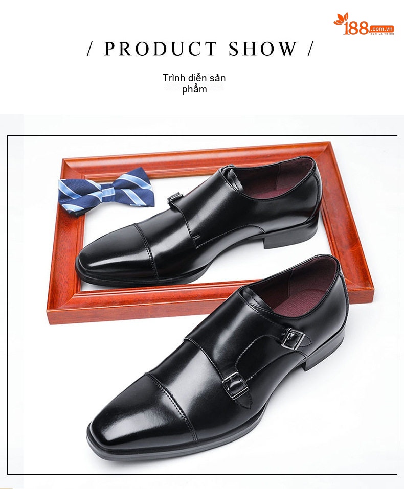 Giày Tây Monkstrap Nam Da Bóng Mũi Nhọn Chiều Cao Đế Khoảng 3cm Màu Đen, Nâu chi tiết 2