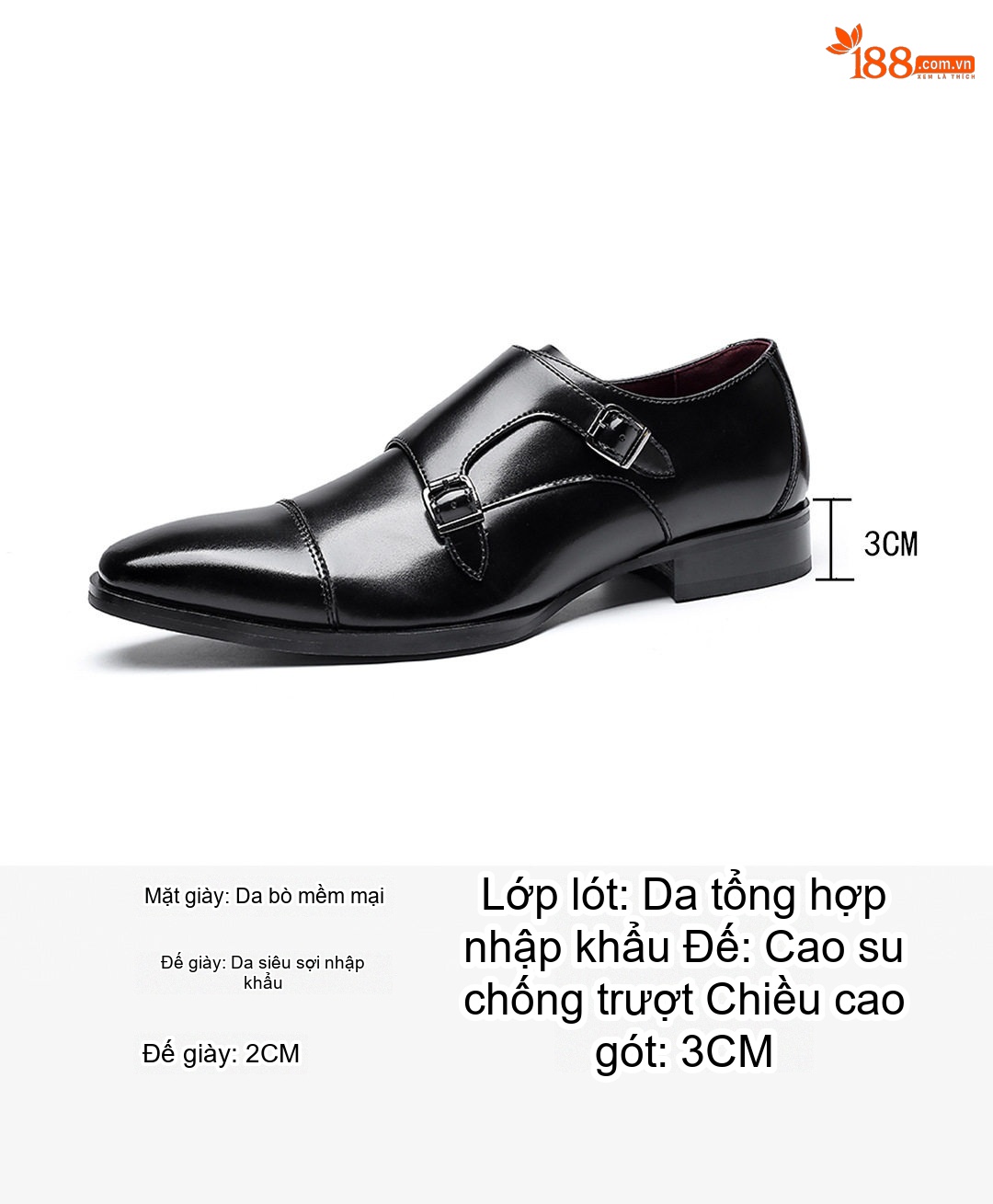 Giày Tây Monkstrap Nam Da Bóng Mũi Nhọn Chiều Cao Đế Khoảng 3cm Màu Đen, Nâu chi tiết 3