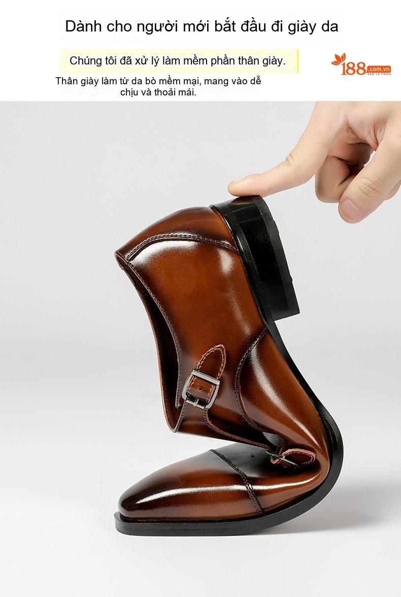 Giày Tây Monkstrap Nam Da Bóng Mũi Nhọn Chiều Cao Đế Khoảng 3cm Màu Đen, Nâu chi tiết 6
