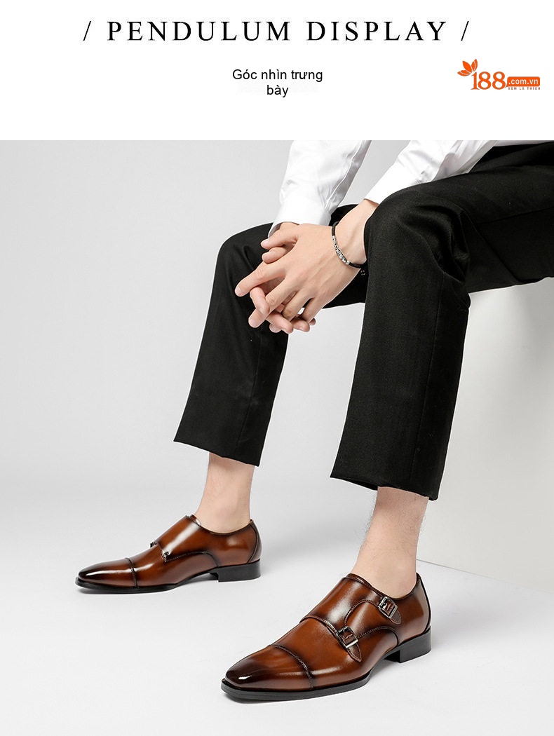 Giày Tây Monkstrap Nam Da Bóng Mũi Nhọn Chiều Cao Đế Khoảng 3cm Màu Đen, Nâu chi tiết 8