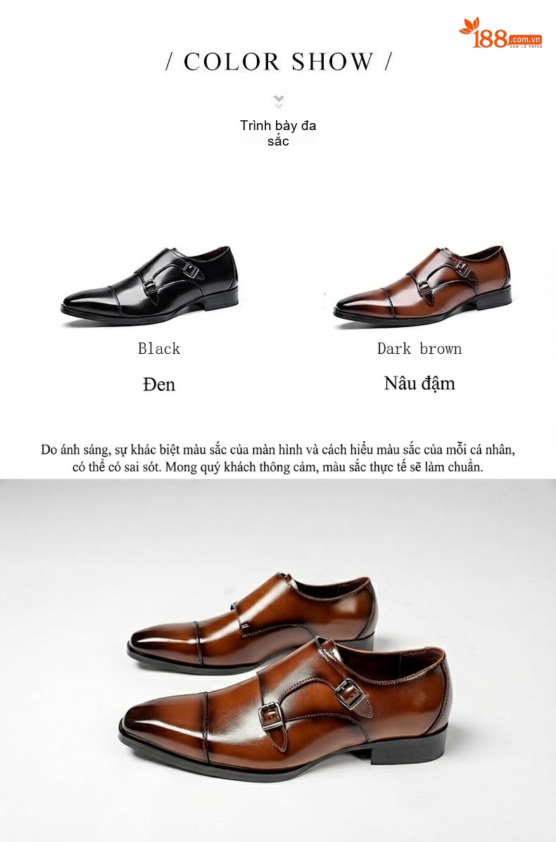 Giày Tây Monkstrap Nam Da Bóng Mũi Nhọn Chiều Cao Đế Khoảng 3cm Màu Đen, Nâu chi tiết 4