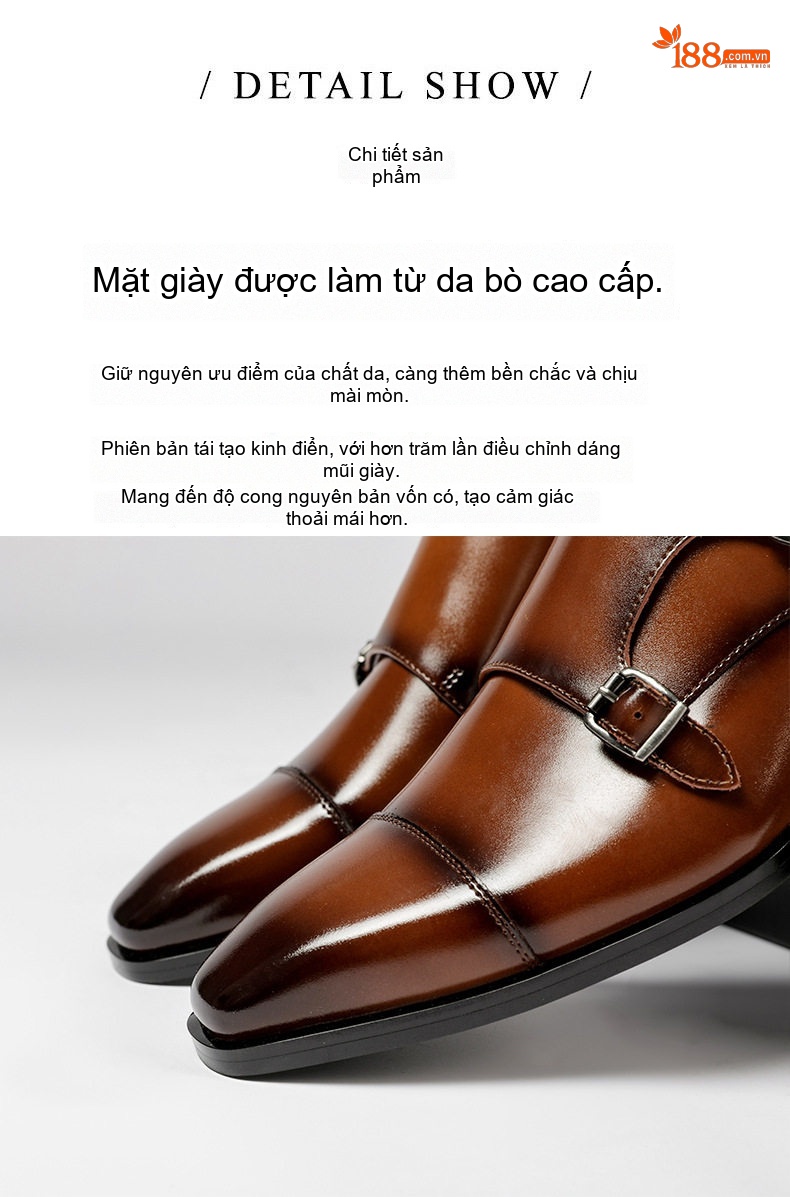 Giày Tây Monkstrap Nam Da Bóng Mũi Nhọn Chiều Cao Đế Khoảng 3cm Màu Đen, Nâu chi tiết 5