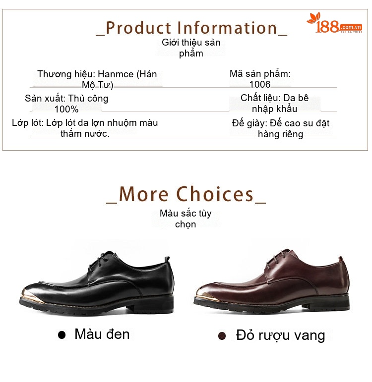 Giày Tây Mũi Nhọn Nam Da Bò Size Lớn Chiều Cao Đế Khoảng 3cm Màu Đen, Nâu chi tiết 2